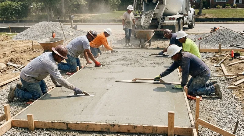 Concrete crew screeding and finishing a driveway pour in Huntsville, AL