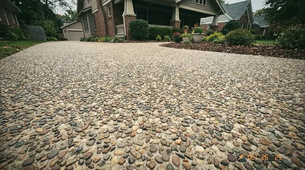 Exposed aggregate concrete walk in Decatur's Victorian historic district