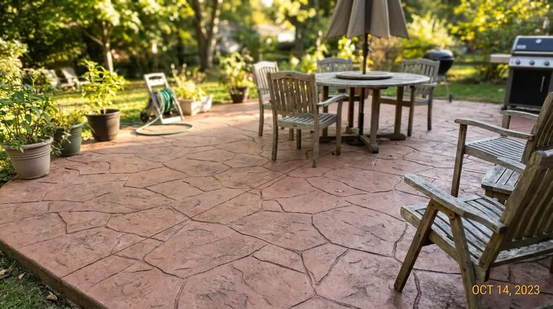 Beautiful stamped concrete patio with natural stone pattern